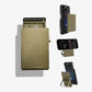 Gold wallet with card slots, smartphone stand, and phone case on a white background