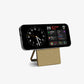 Smart clock display on a stand with digital and analog elements on a white background